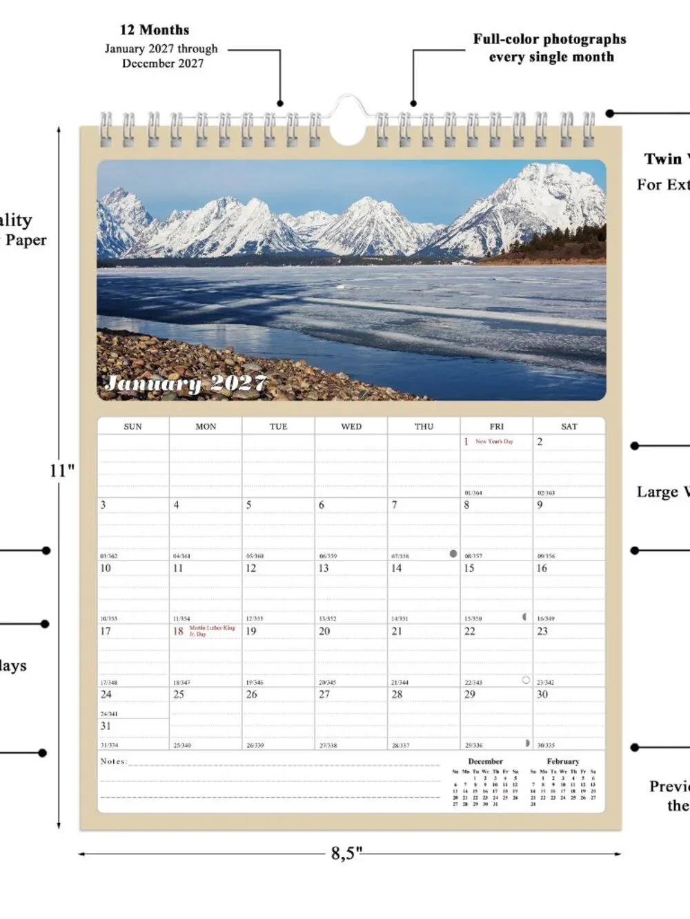 2027 Wall Calendar Spiral-bound Twin - 12 Months Planner 8.5